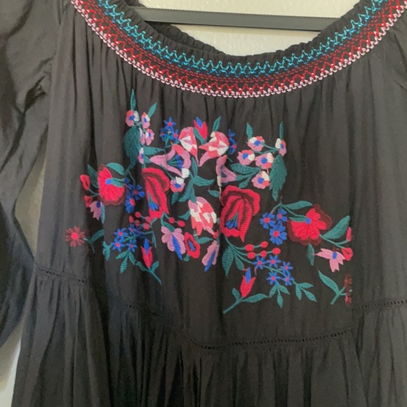 Free People Boho Sunbeam Black Rainbow Floral Embroidery Mini Dress Small - Picture 5 of 6